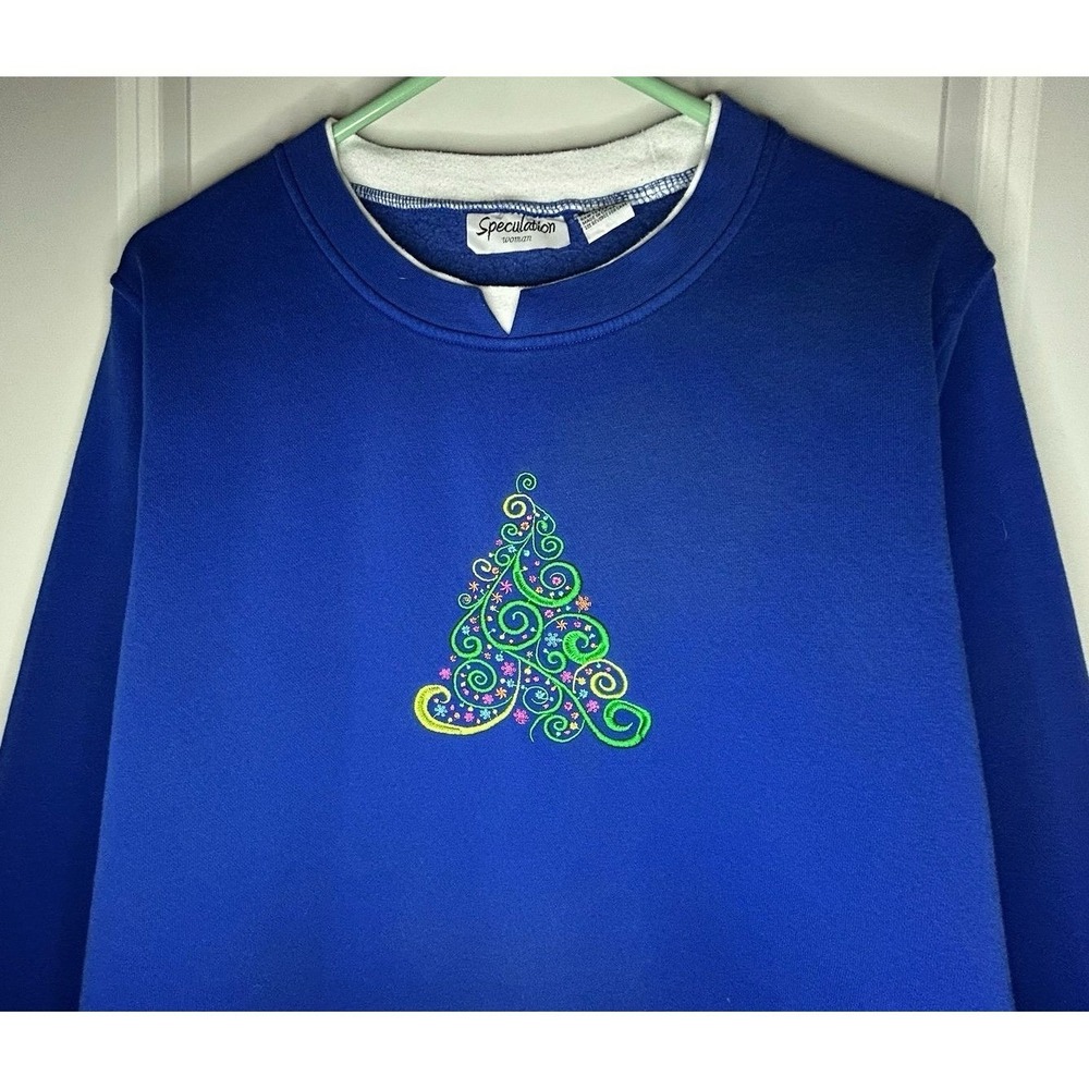 Vintage 90's Embroidered Christmas Tree Blue Pullover‎ Sweatershirt Sz Womens 1X